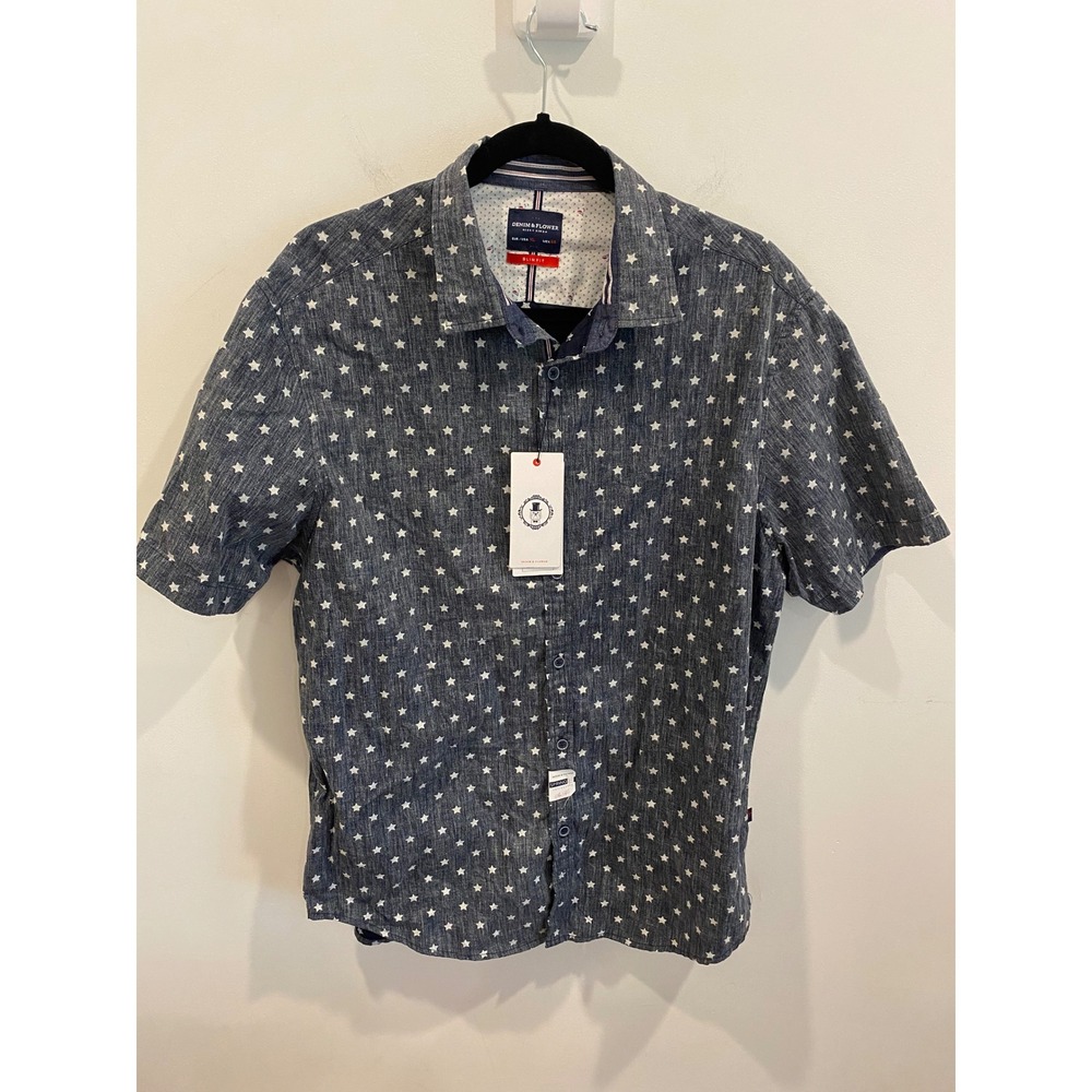 DENIM & FLOWER Ricky Singh Slim Fit Star Print Short Sleeve Button Up Shirt XL‎